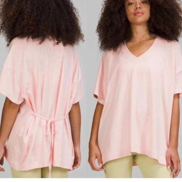 Lululemon Side Tie Waist V Neck T Shirt Pink Mist 10 - Picture 1 of 6